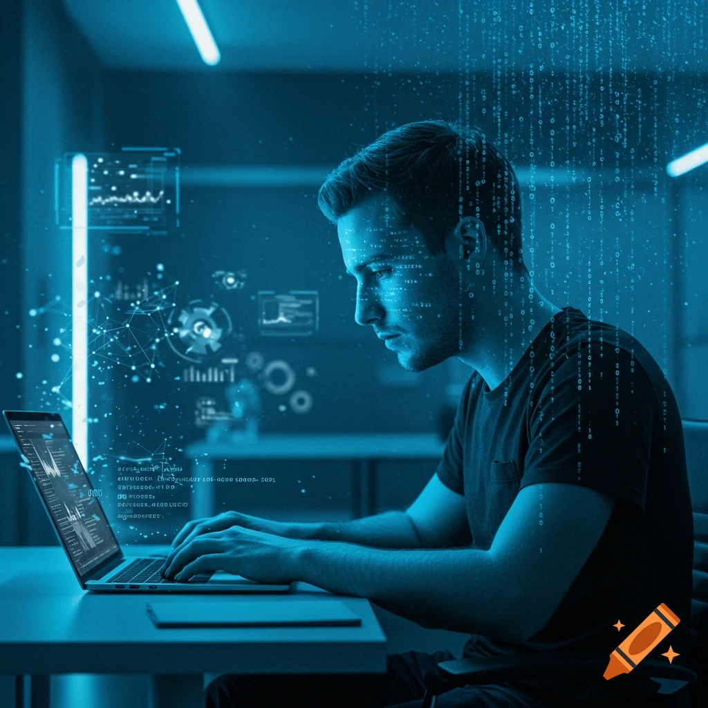 A man intensely types on a laptop in a dark, blue-toned room, surrounded by glowing digital data and futuristic interfaces.