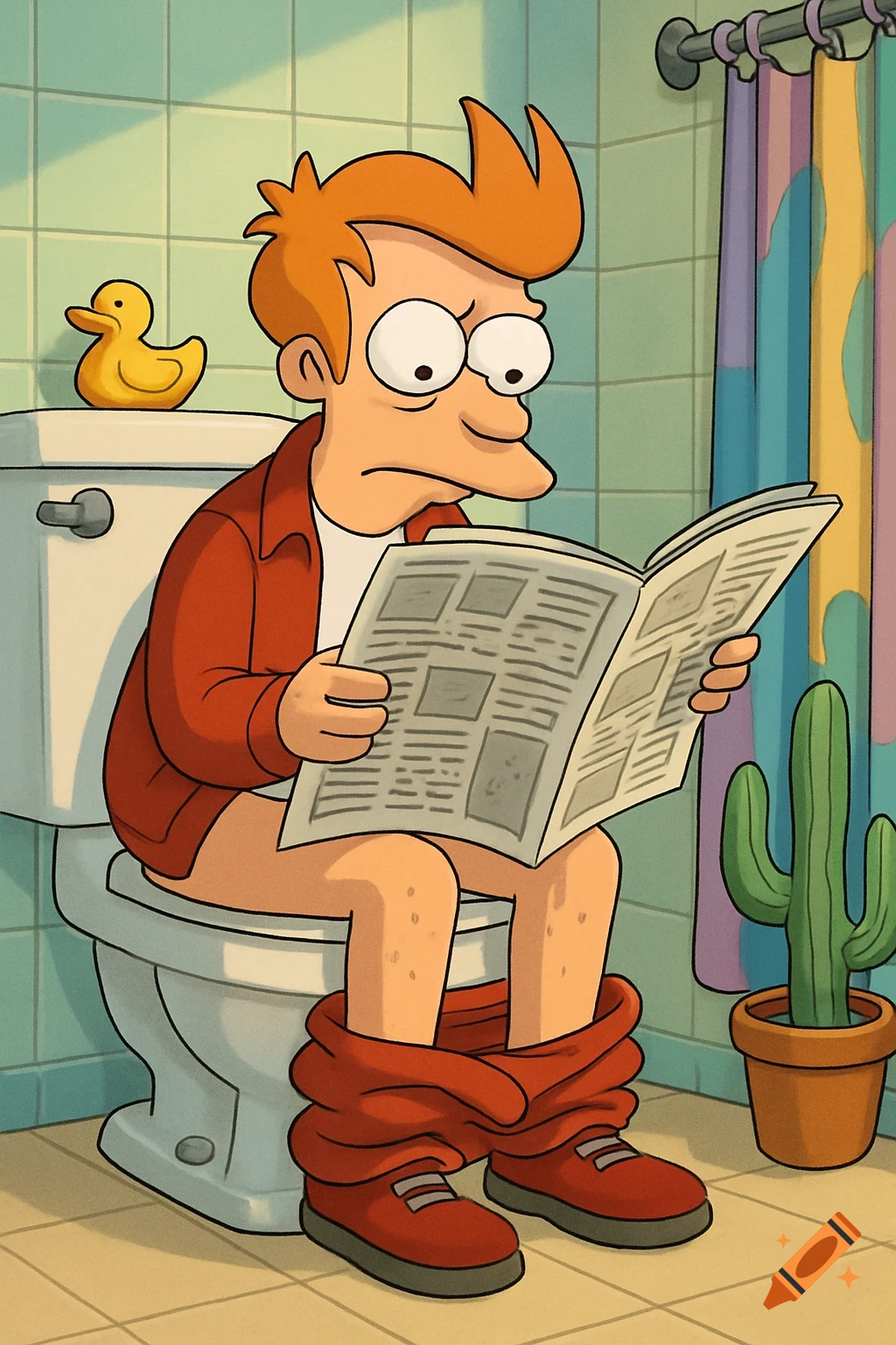 A cartoon character with orange spiky hair sits on a toilet with his pants around his ankles, reading a newspaper in a bathroom.