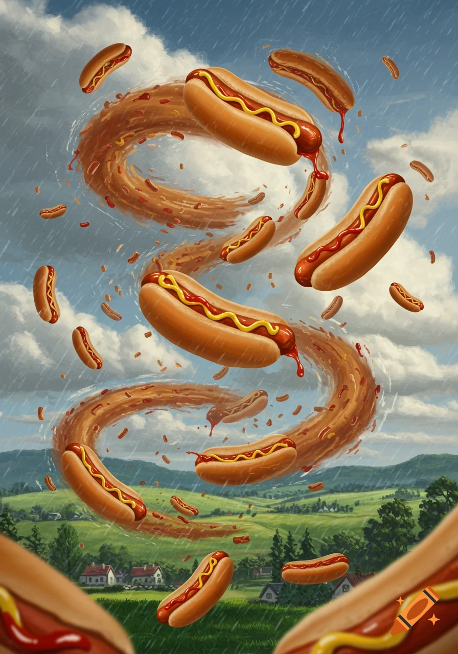 A whimsical illustration of a tornado made of hotdogs and chili swirling over a green, hilly landscape with houses under a cloudy sky.