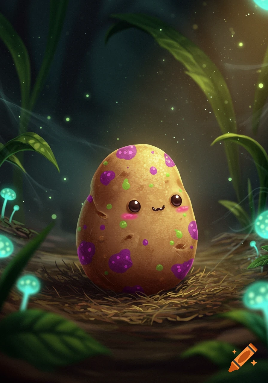 A cute cartoon brown potato with big eyes, a smile, and pink cheeks has purple and green spots. It sits in a magical forest with glowing mushrooms and leaves.