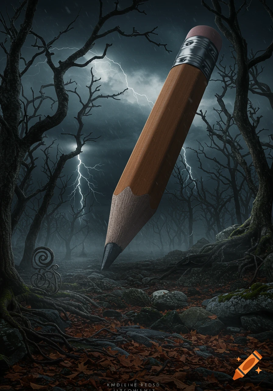 A giant wooden pencil floats over a dark, eerie forest with gnarled trees, exposed roots, and lightning in a stormy sky.