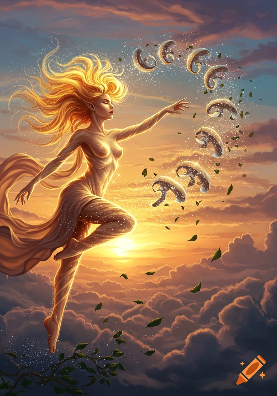 An ethereal goddess with golden hair and flowing drapery floats above clouds at sunset, casting glowing mushroom-like objects and leaves.