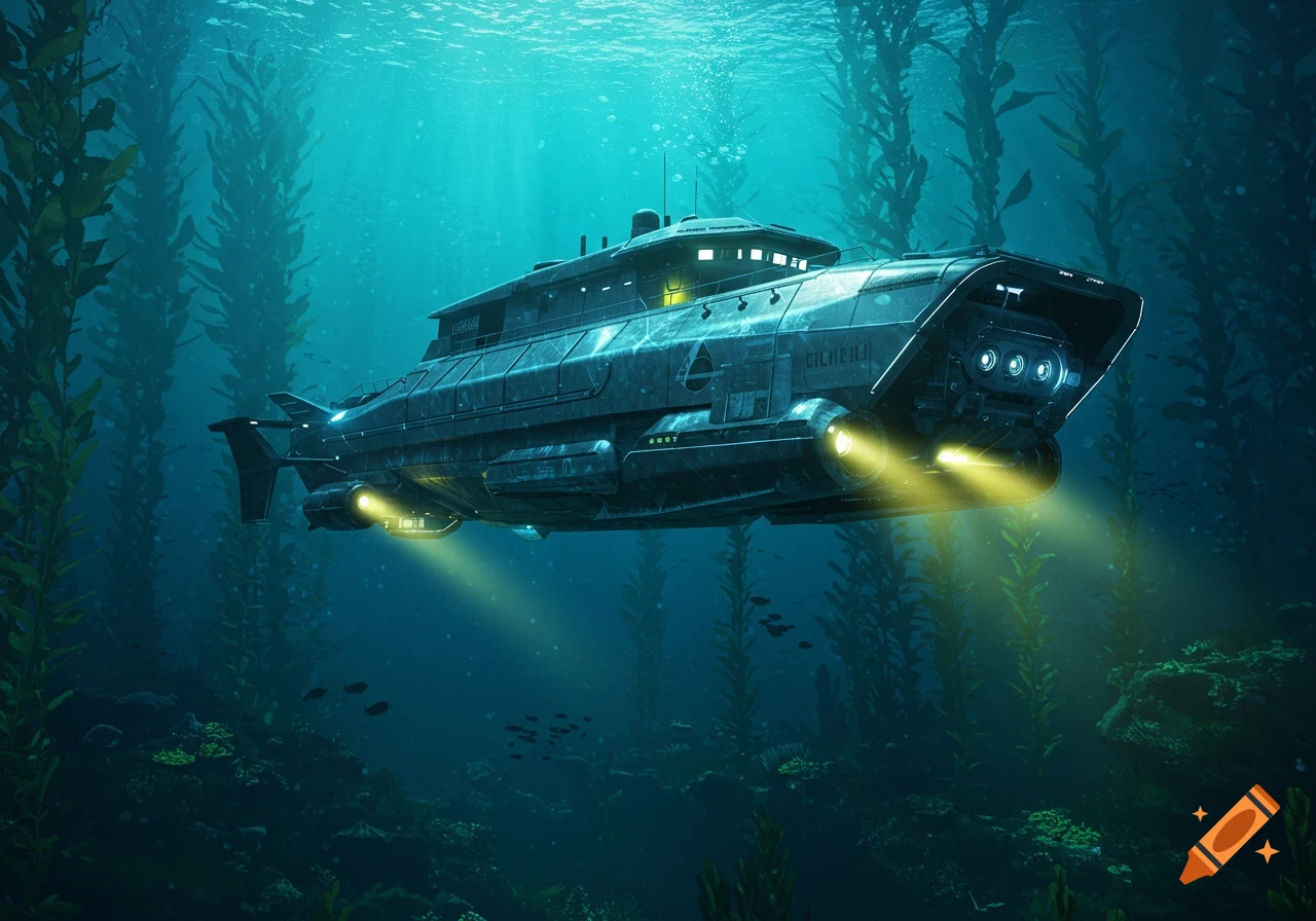 A sleek, futuristic submarine with bright lights navigates a vibrant underwater kelp forest, with light rays filtering from above.