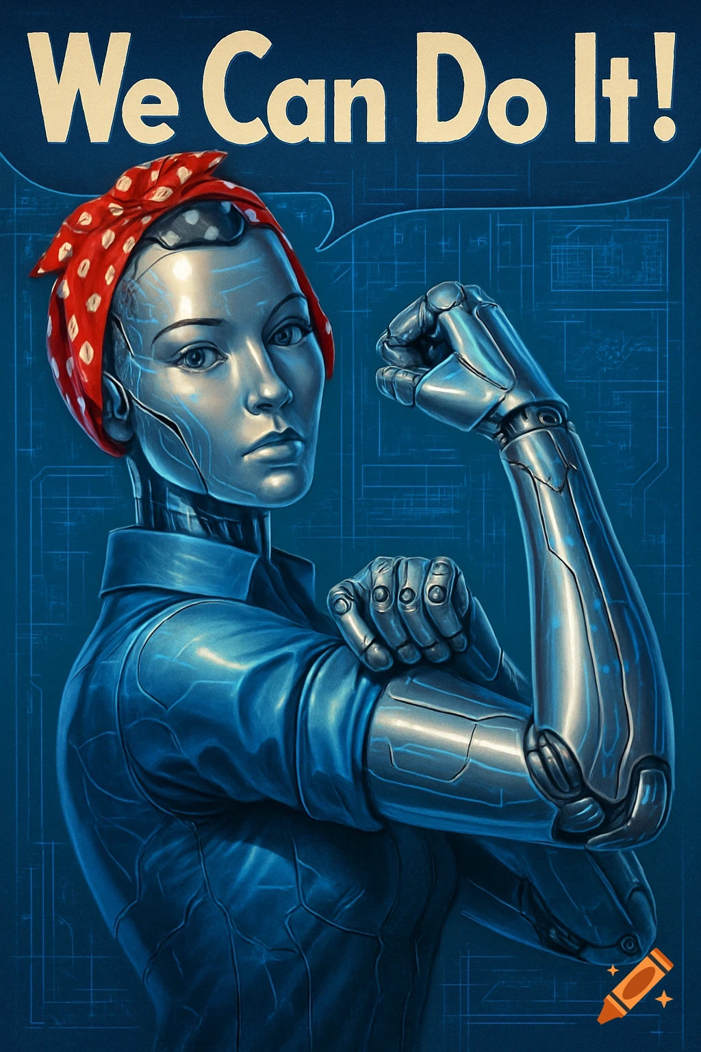 A robot woman, resembling Rosie the Riveter, flexes her bicep under the text 'We Can Do It!' against a blue blueprint background.