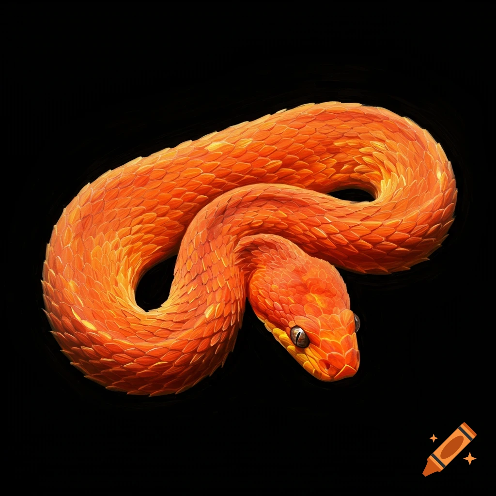 An orange snake coiled on a black background, in the style of a painting.