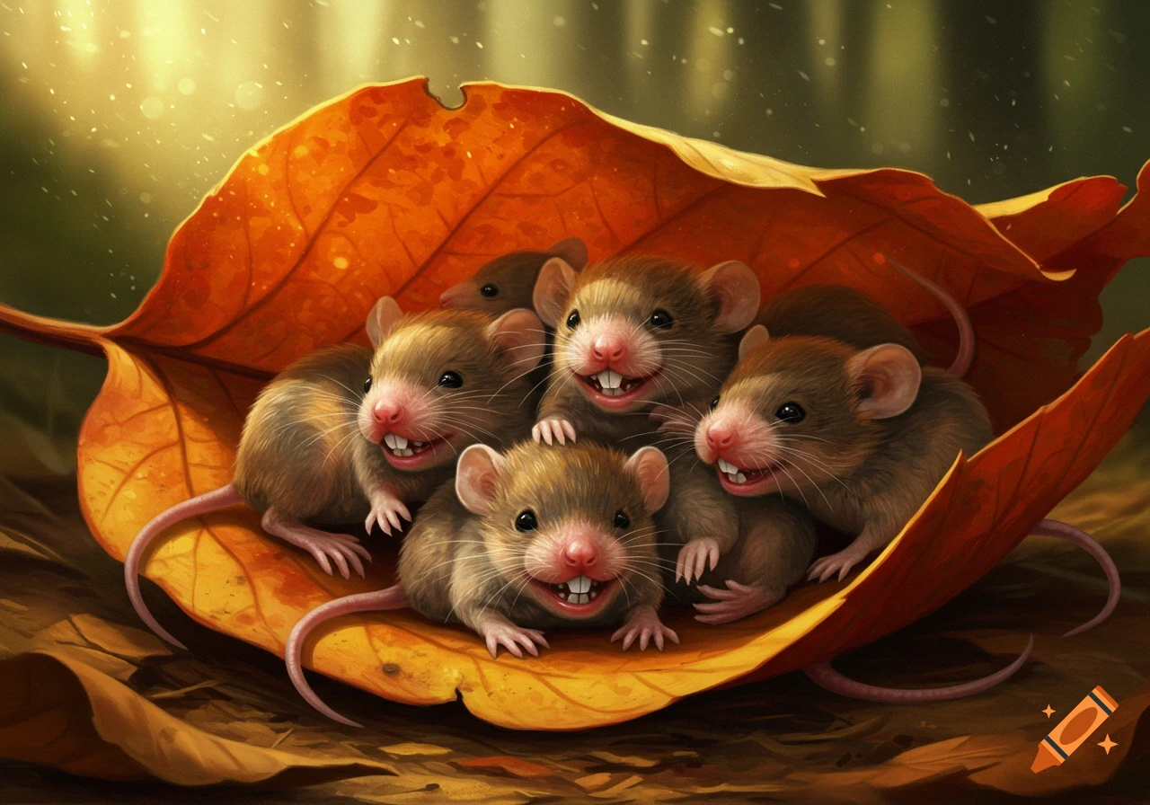 Detailed illustration of several baby mice with prominent human-like teeth smiling from under a large orange autumn leaf.
