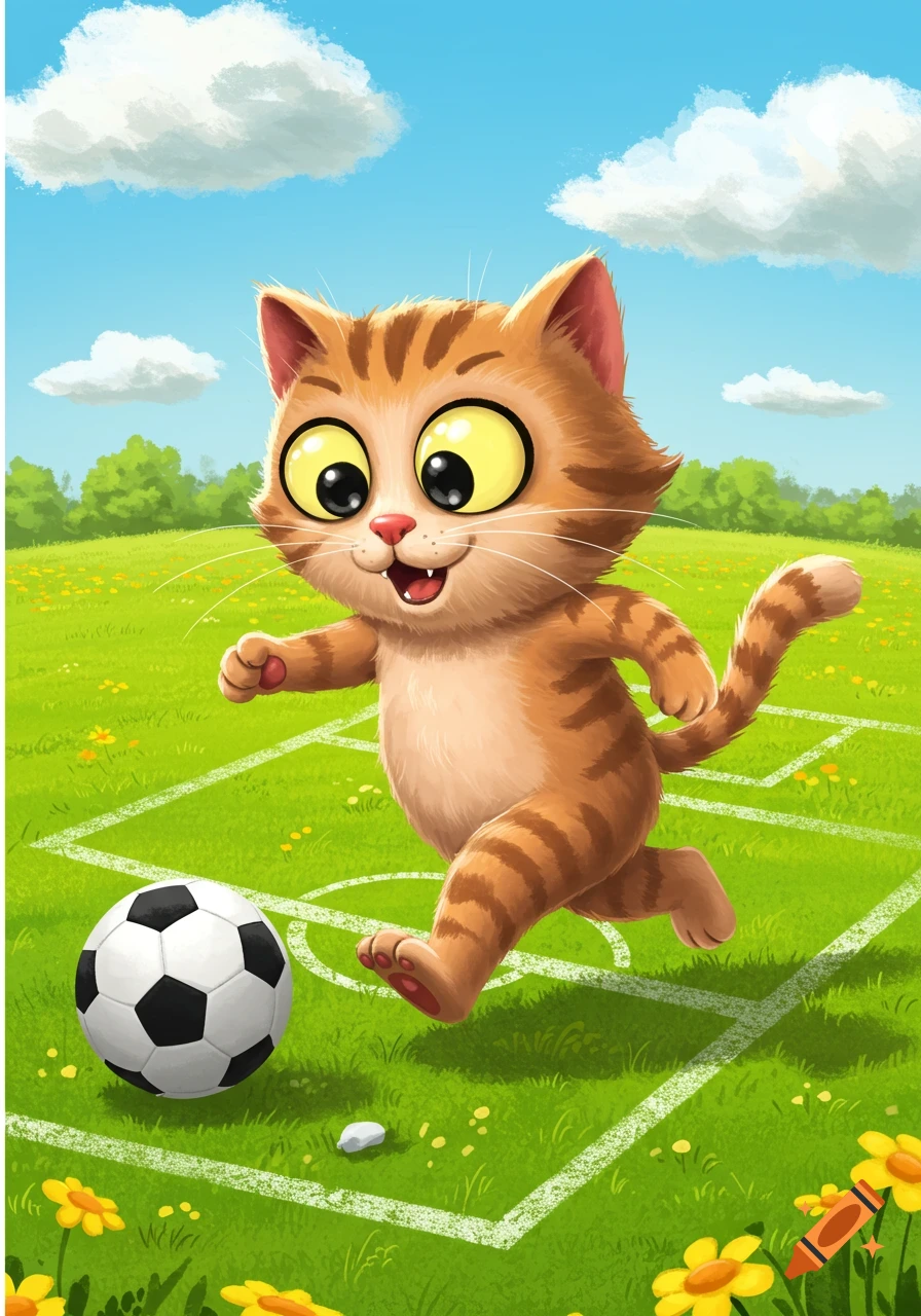 A cute cartoon ginger cat with big eyes runs on a green soccer field with a soccer ball under a blue sky.