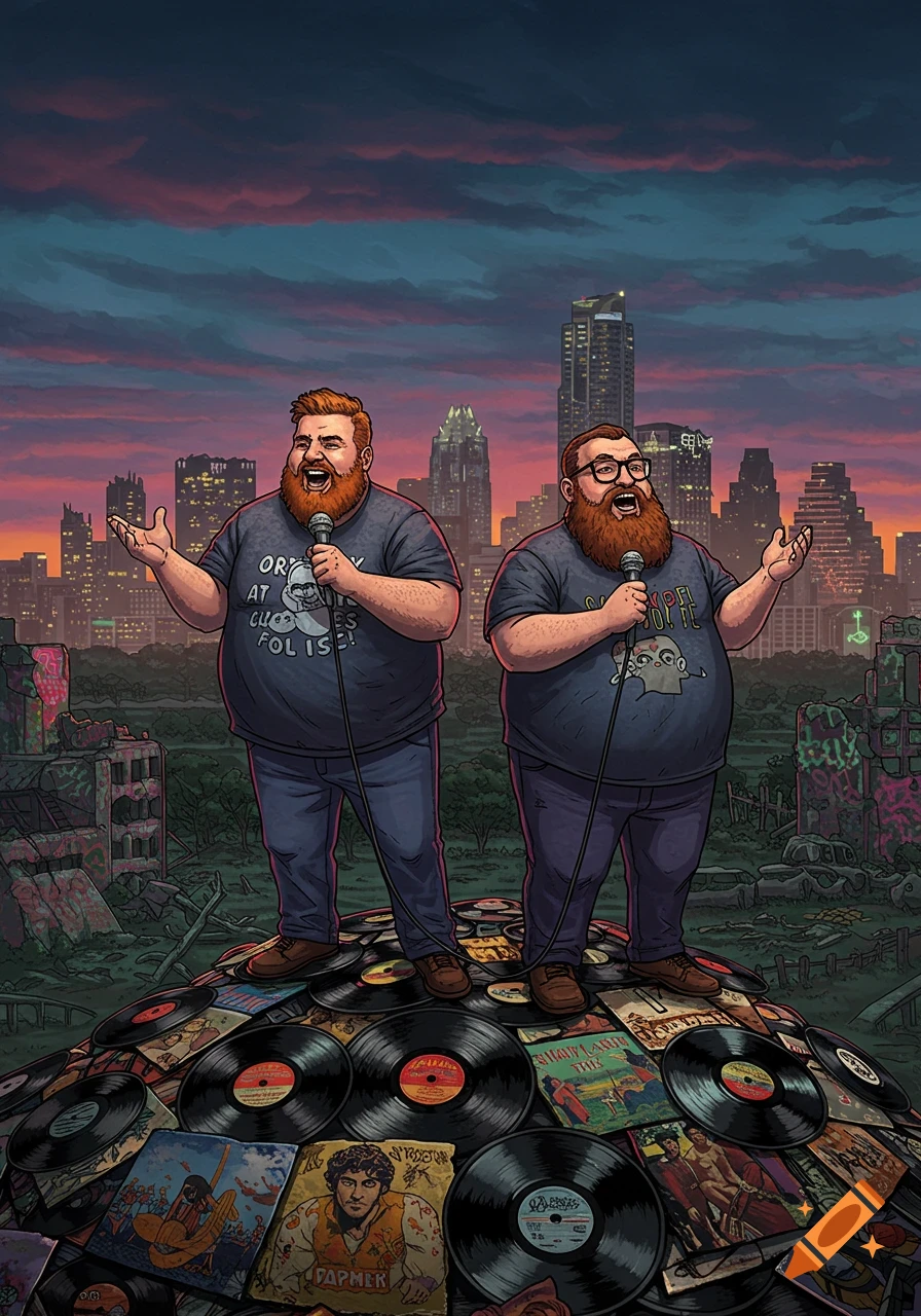 Two portly, bearded men, dressed as comedians, stand on a mound of vinyl records and album art in front of a post-apocalyptic cityscape at sunset, in a cartoon style.