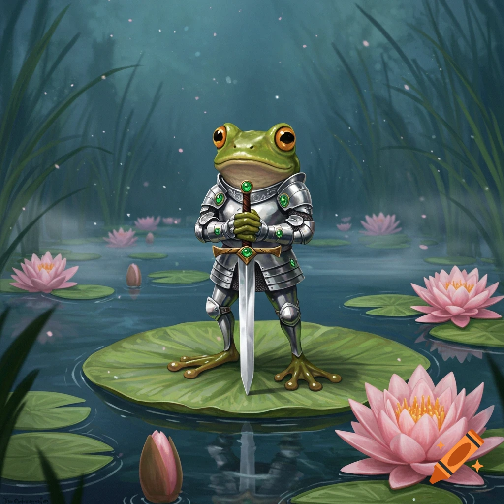 A frog knight in silver armor holds a sword while standing on a lily pad in a pond filled with pink water lilies.