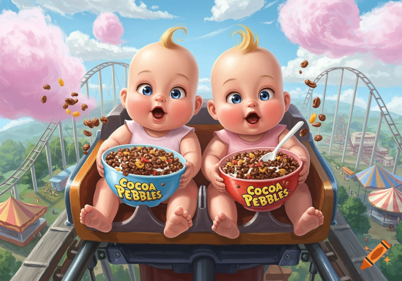 Two cartoon babies ride a roller coaster, each holding a bowl of Cocoa Pebbles cereal. An amusement park is in the background.