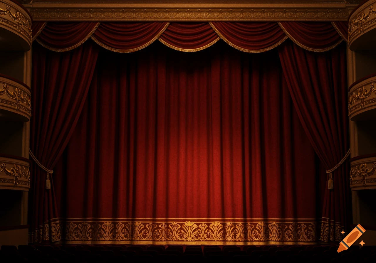 An empty theater stage with deep red velvet curtains and intricate gold trim, lit softly.
