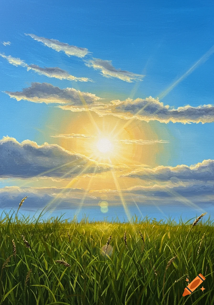 Bright sun shining over a green grassy field under a blue sky with clouds, in a realistic painting style.