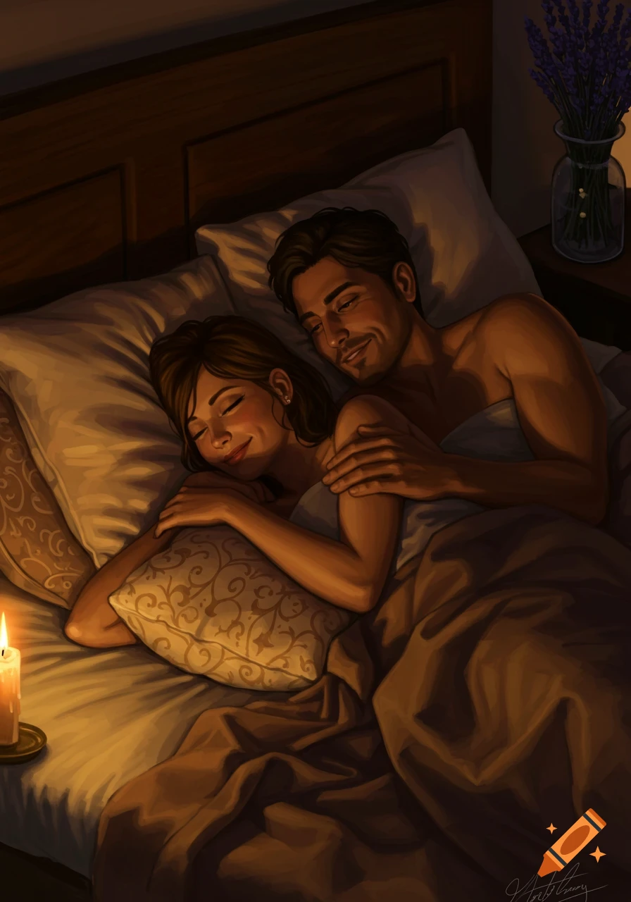 An intimate illustration of a man embracing a woman as she sleeps soundly in bed, lit by a warm candle glow.