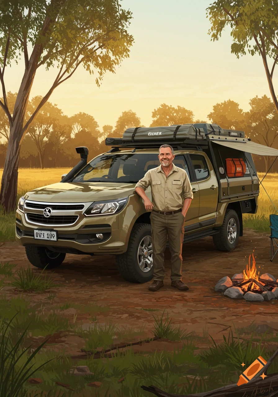 A smiling man stands next to a gold Holden Colorado ute outfitted for camping, with a campfire and trees in the background, in an illustration style.