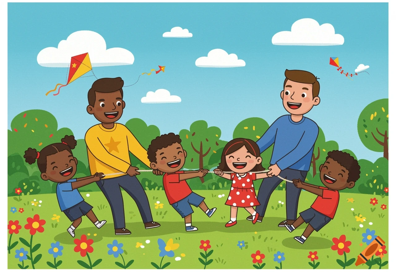 Cartoon illustration of two adults and four children playing tug-of-war in a sunny park with flowers and kites flying.