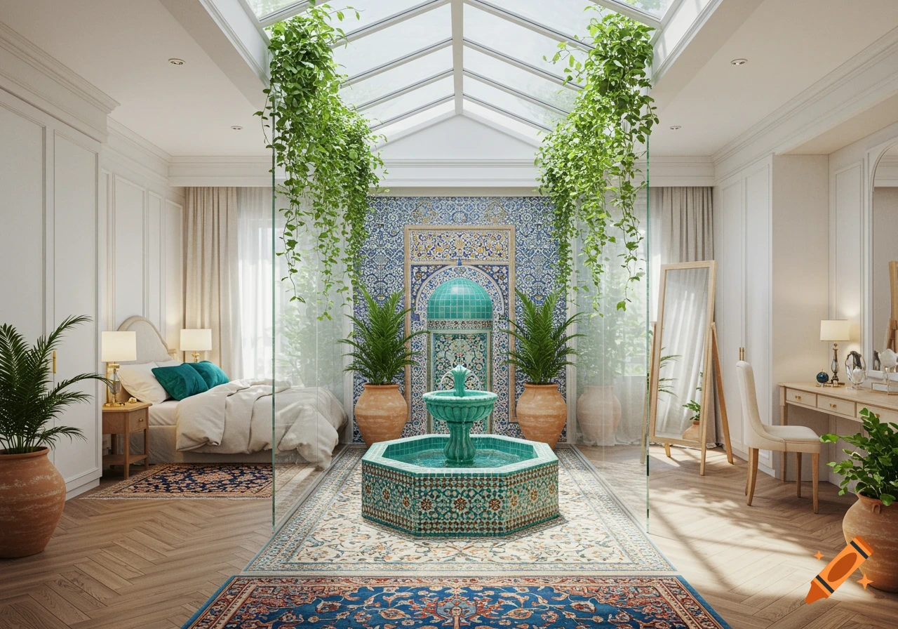 Luxurious bedroom with an open glass ceiling greenhouse area, central turquoise fountain, lush green plants, and Persian patterned rugs. Photorealistic.