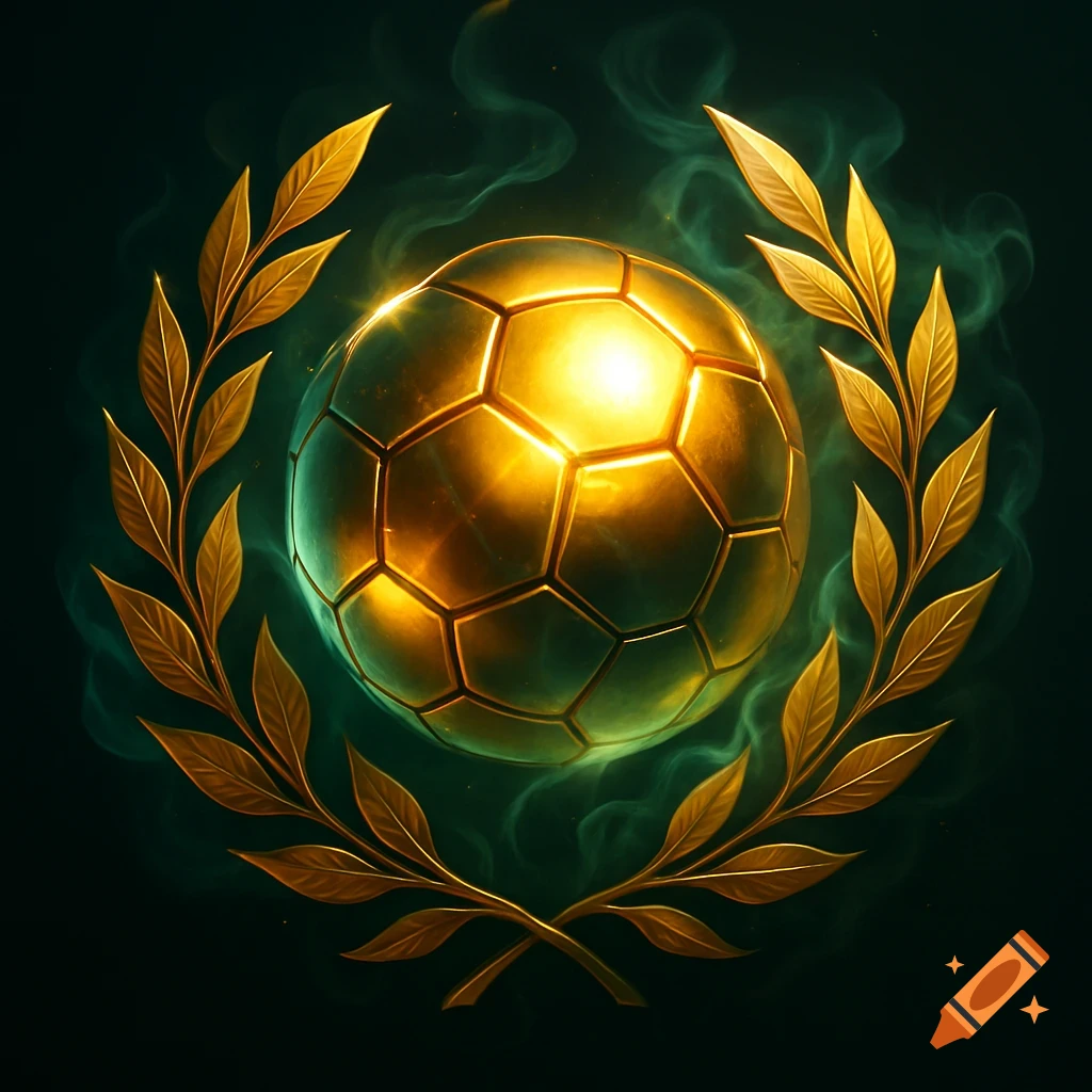 A shimmering golden soccer ball surrounded by a golden laurel wreath against a smoky green background.