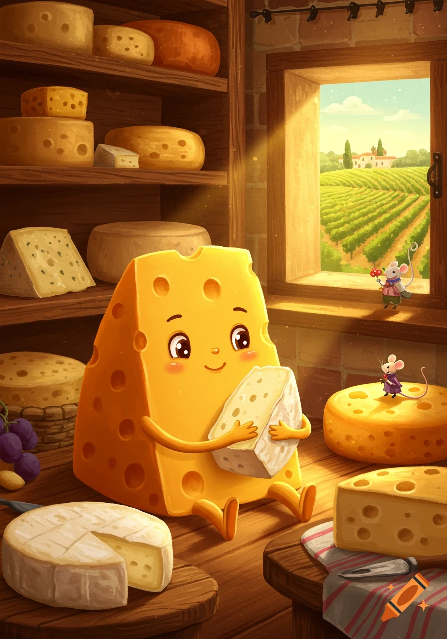 A cute cartoon cheese character eats cheese in a cellar with mice and a vineyard view from a window.
