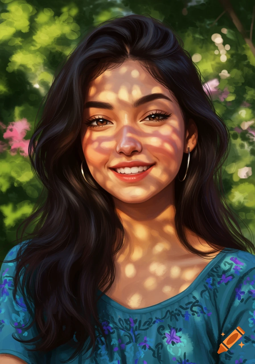 Digital painting of a smiling young woman with dark hair and brown eyes, illuminated by dappled sunlight against a green, leafy background.