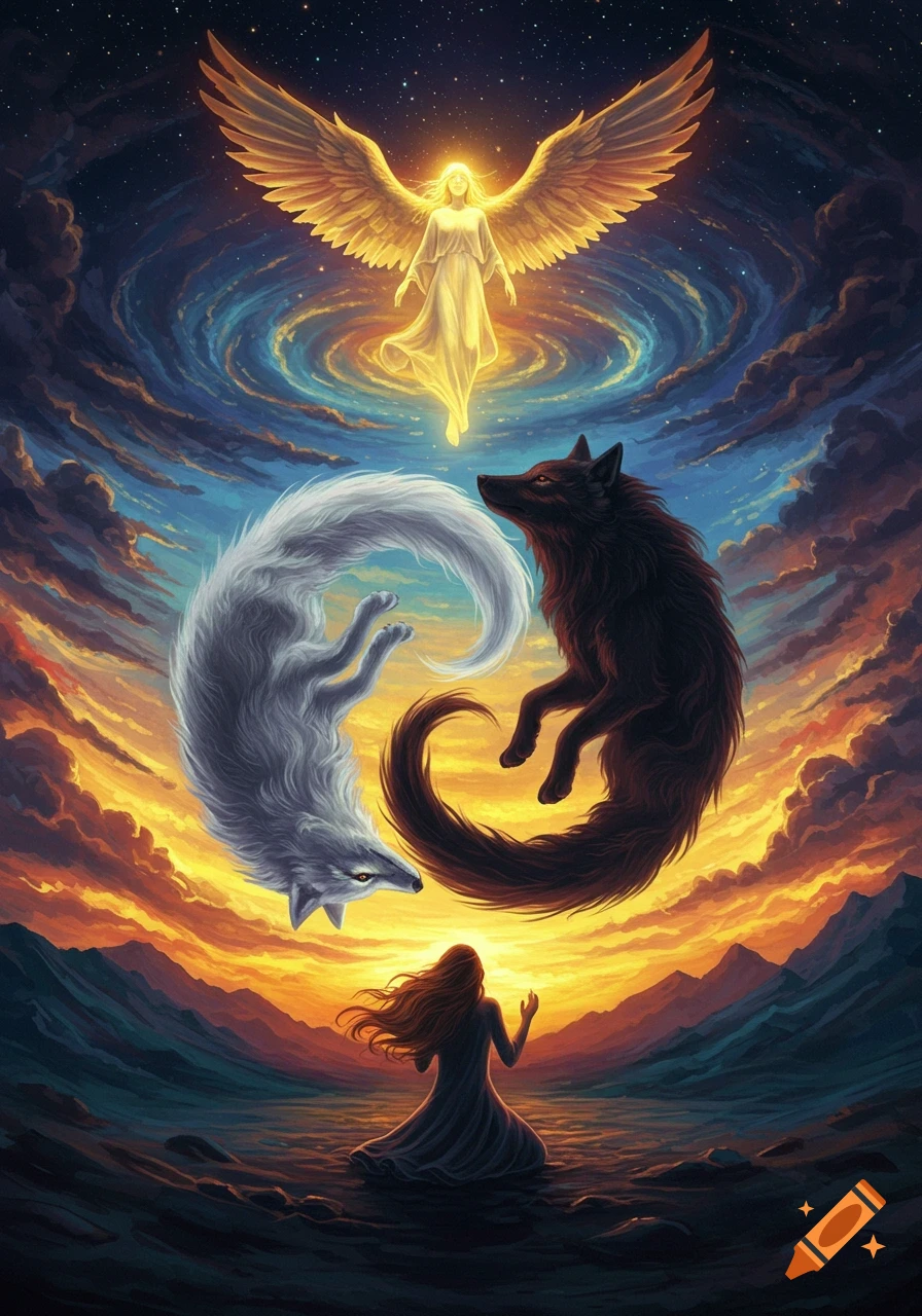 A fantasy painting of a glowing angel above a praying woman and two wolves forming a yin-yang symbol in a celestial vortex, over a sunset landscape.
