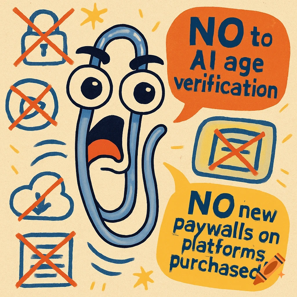 Cartoon paperclip character with wide eyes and open mouth, surrounded by crossed-out icons and speech bubbles saying 'NO to AI age verification' and 'NO new paywalls on platforms purchased!'.