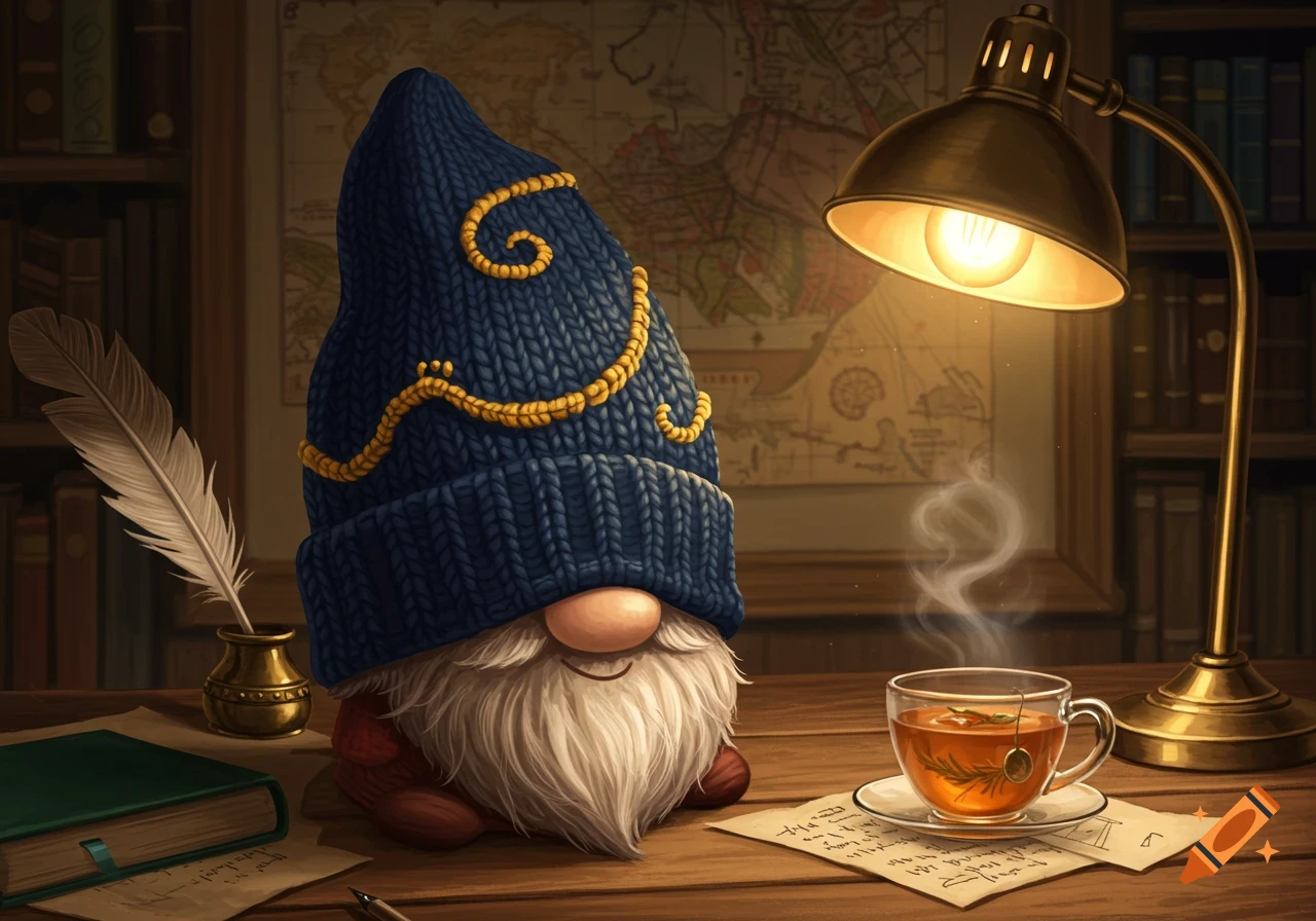 A cozy gnome in a blue knitted hat with a white beard sits at a wooden desk with a quill, books, and a steaming cup of tea under a brass lamp.