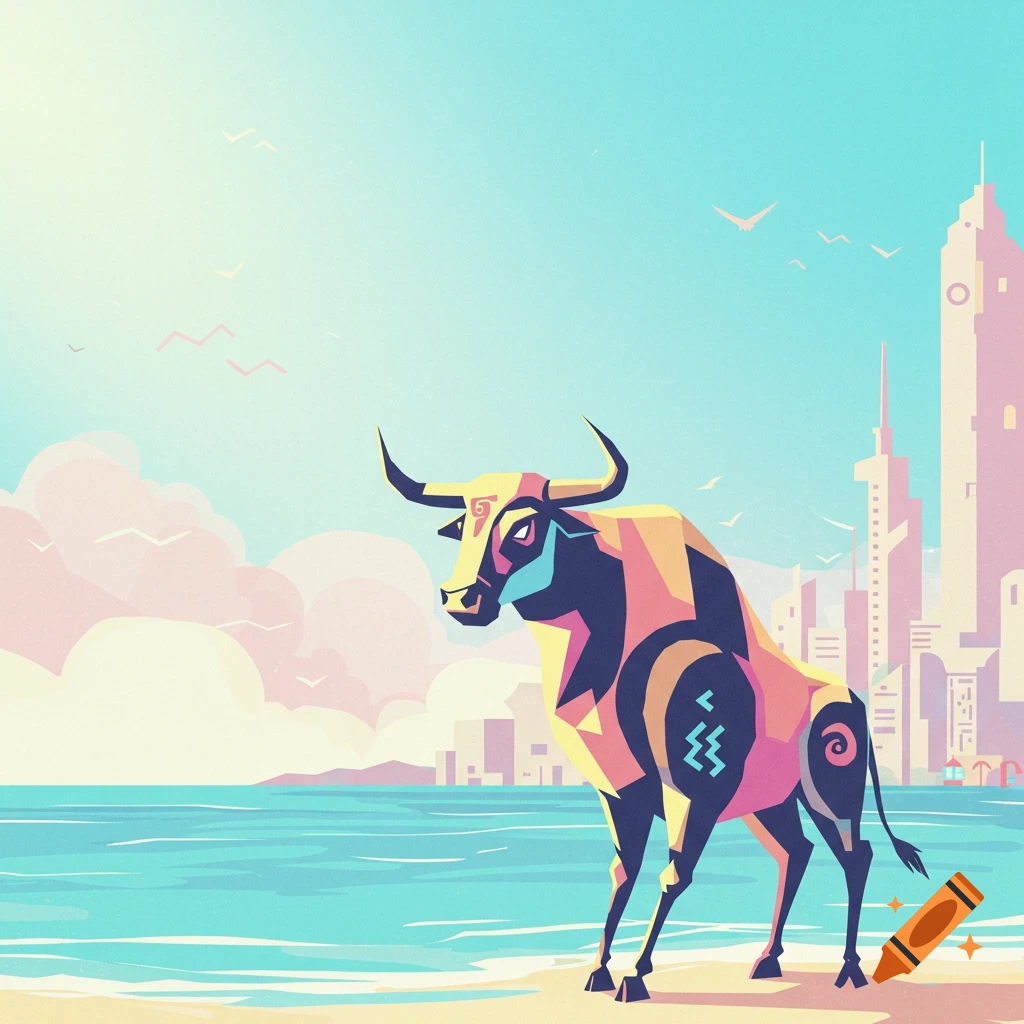 A stylized bull with geometric patterns stands on a beach, facing a turquoise ocean with a pastel city skyline in the distance, in a retro illustration style.