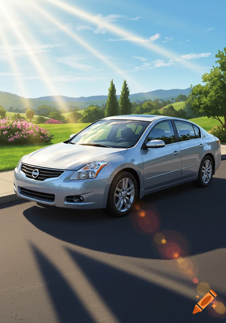 A silver Nissan Altima car parked on an asphalt road in a sunny, green hilly landscape with trees and pink flowers.