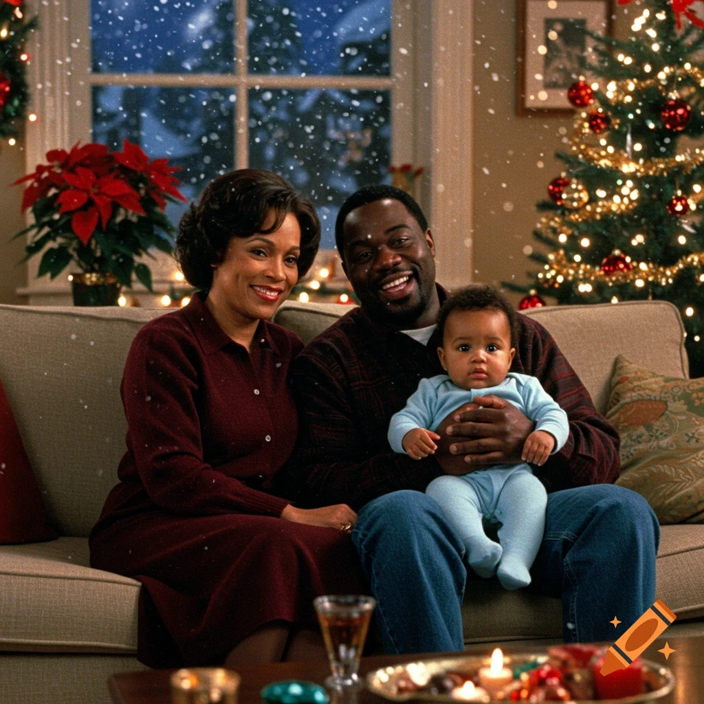 Photorealistic image of a smiling Black couple on a sofa, with the man holding a baby, in a Christmas-decorated living room with snow falling outside.