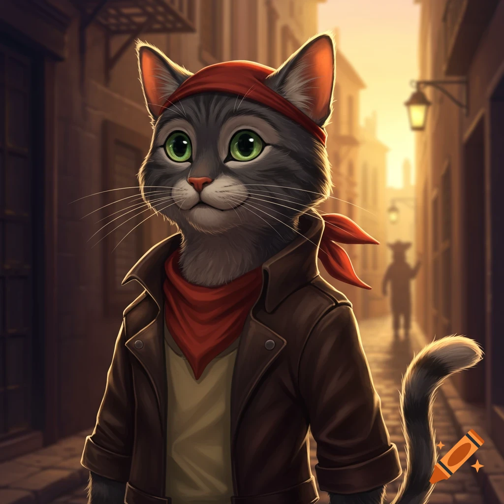 An anthropomorphic gray tabby cat with green eyes wears a red bandana and brown leather jacket, standing in a sunlit alley.