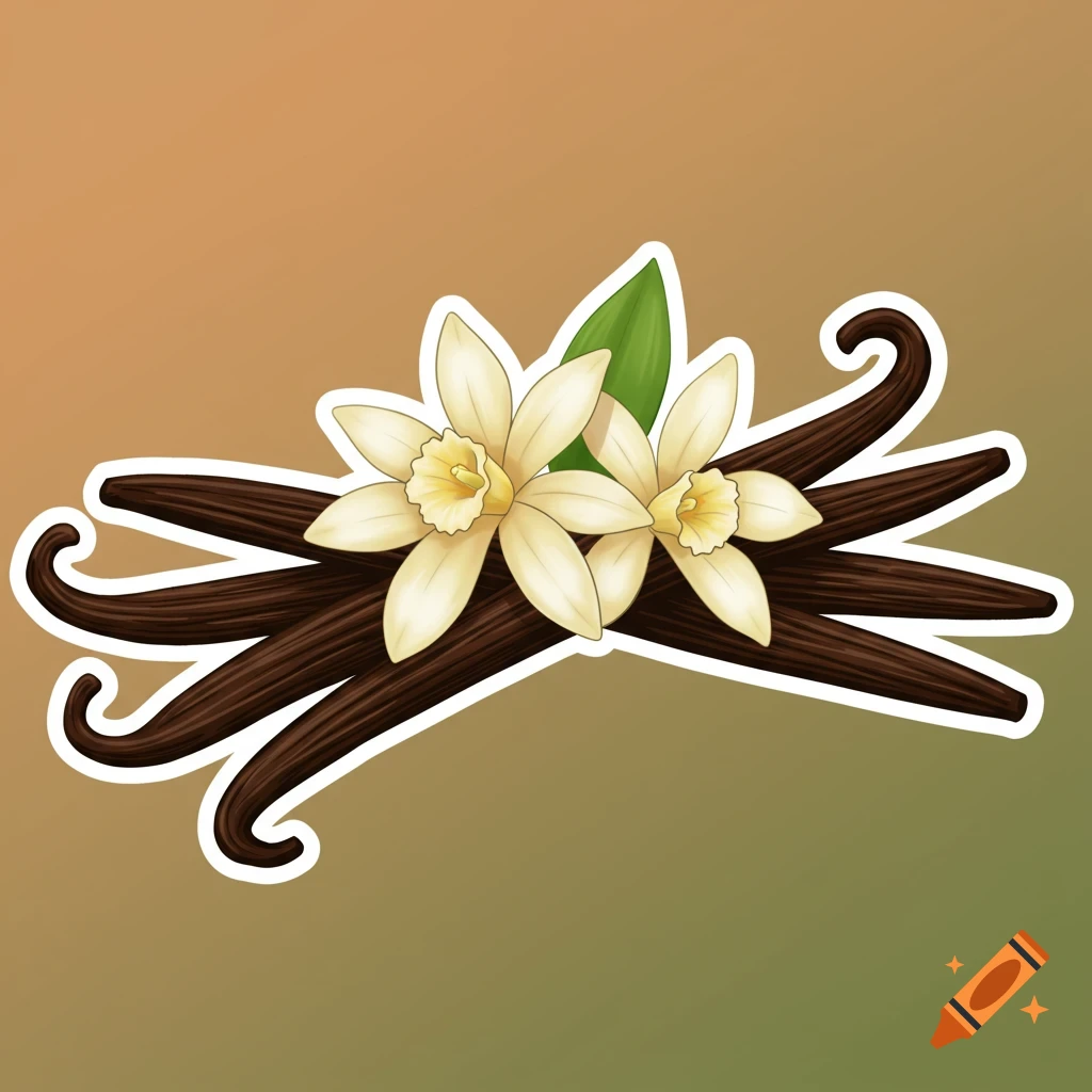Illustration of vanilla beans and two white vanilla flowers with a green leaf, set against a gradient background, in a sticker style with a white outline.