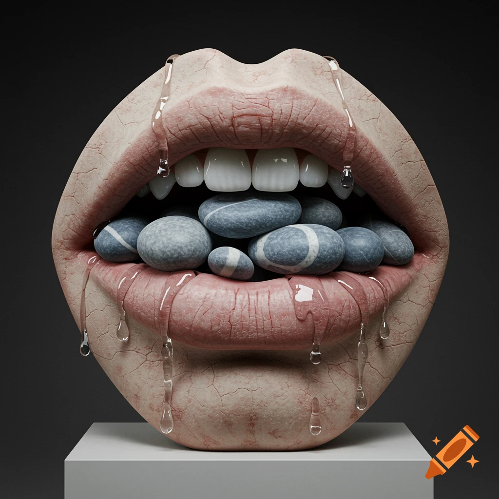 A close-up of a surreal sculpture featuring a cracked, textured mouth with white teeth, filled with smooth gray and blue river stones, and clear resin tears dripping from the lips. Photorealistic style.