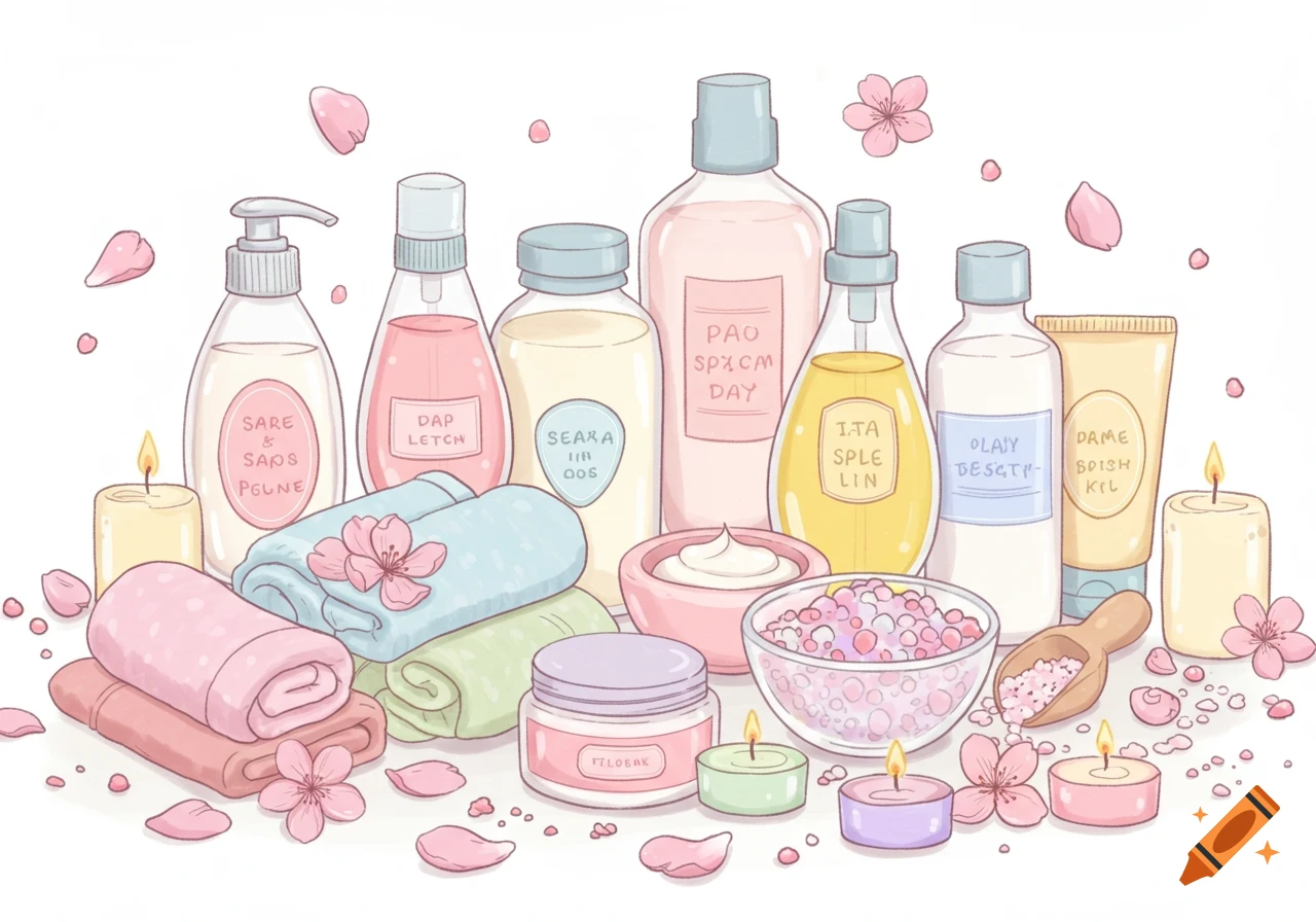 Stylized illustration of pastel spa products, bottles, jars, towels, and candles with pink flower petals on a white background.