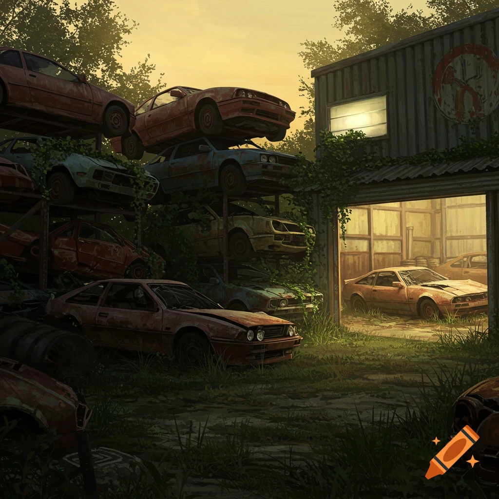 An overgrown junkyard at sunset, with old, rusty cars stacked haphazardly, and a garage containing more cars.