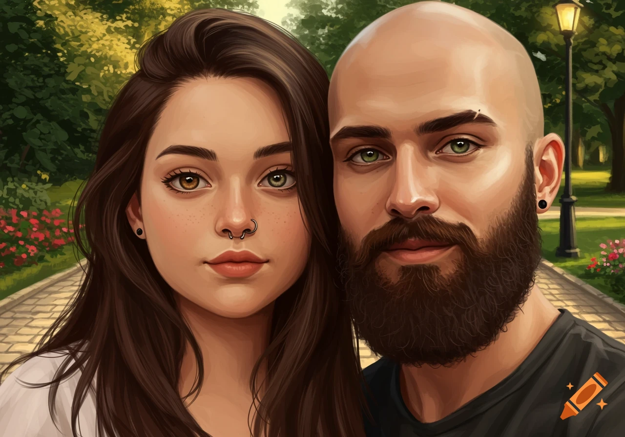 Digital art portrait of a woman with heterochromia and nose ring, and a bald man with a beard, in a park.