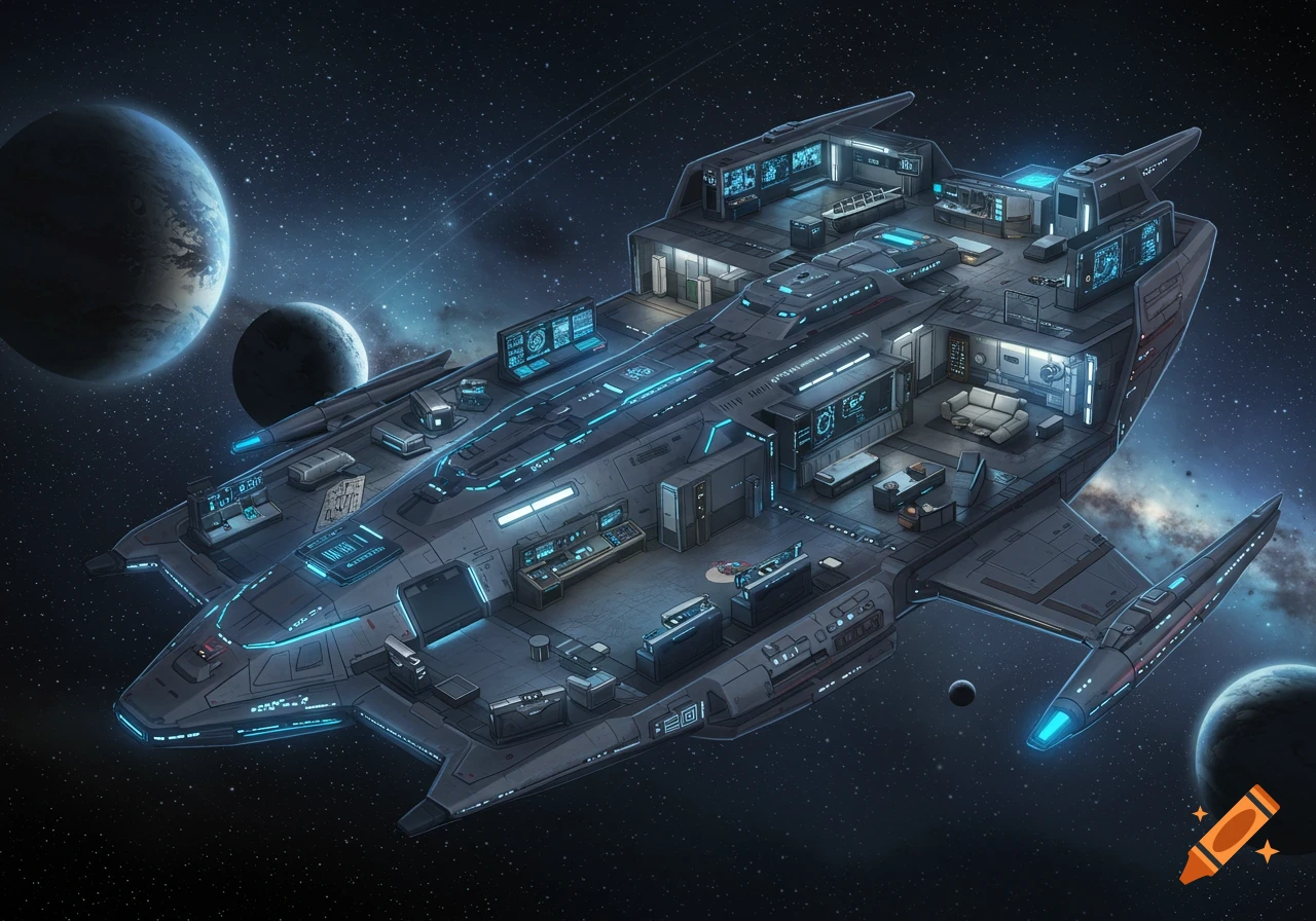 A top-down isometric view of a futuristic starship in space, showing its detailed interior rooms and blue glowing accents.