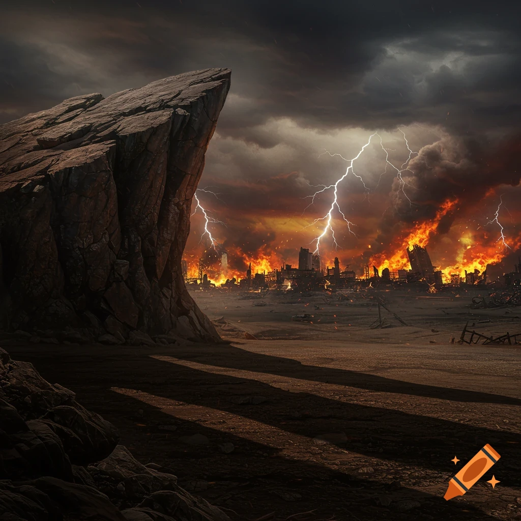 A large, jagged cliff in the foreground overlooking an apocalyptic cityscape engulfed in flames under a stormy sky with lightning.