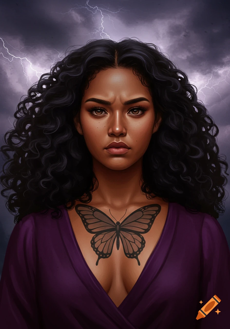 A serious Latina woman with long curly black hair and a butterfly chest tattoo, wearing a plum blouse, stands before a stormy sky with lightning.
