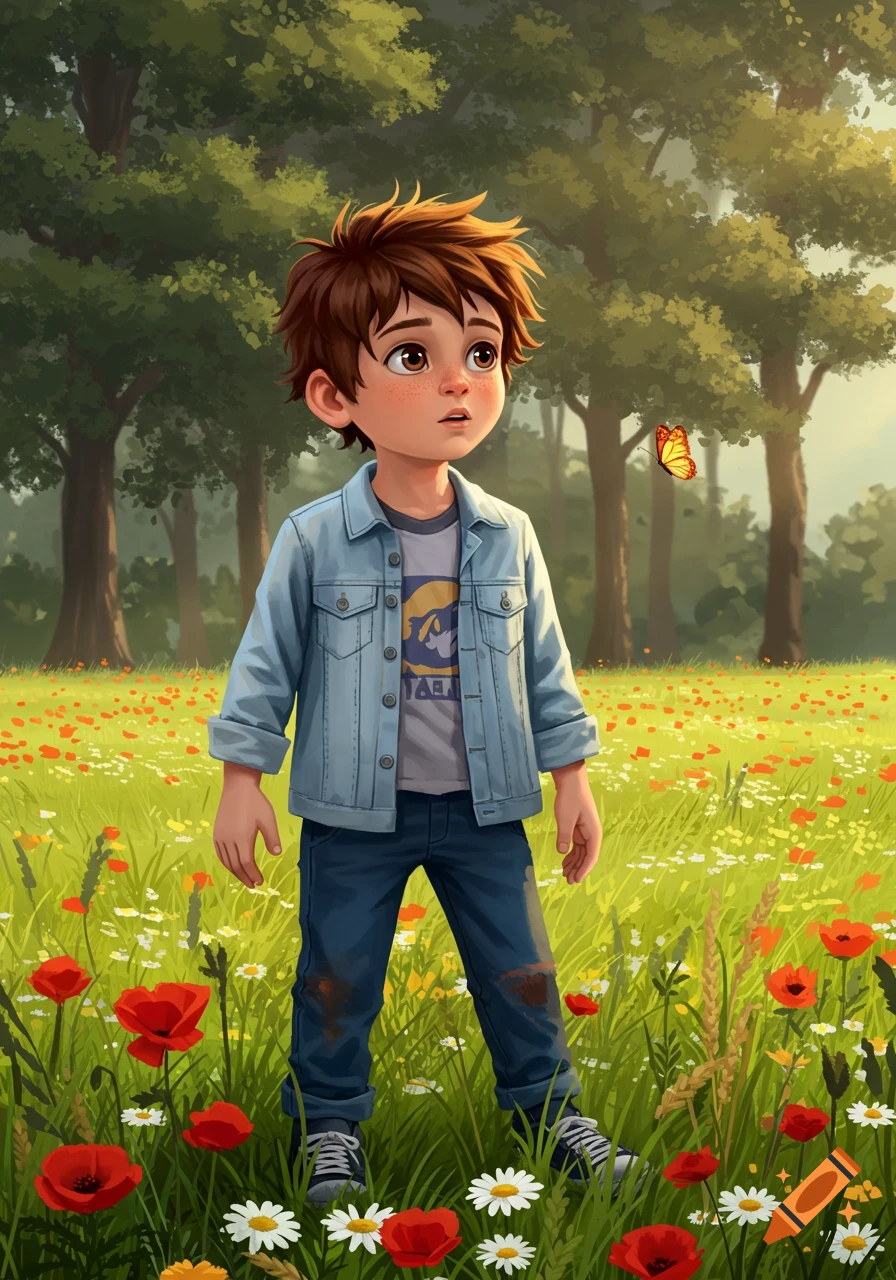 An illustrated young boy with brown hair stands in a vibrant green field filled with red and white flowers, looking up at a flying yellow butterfly.