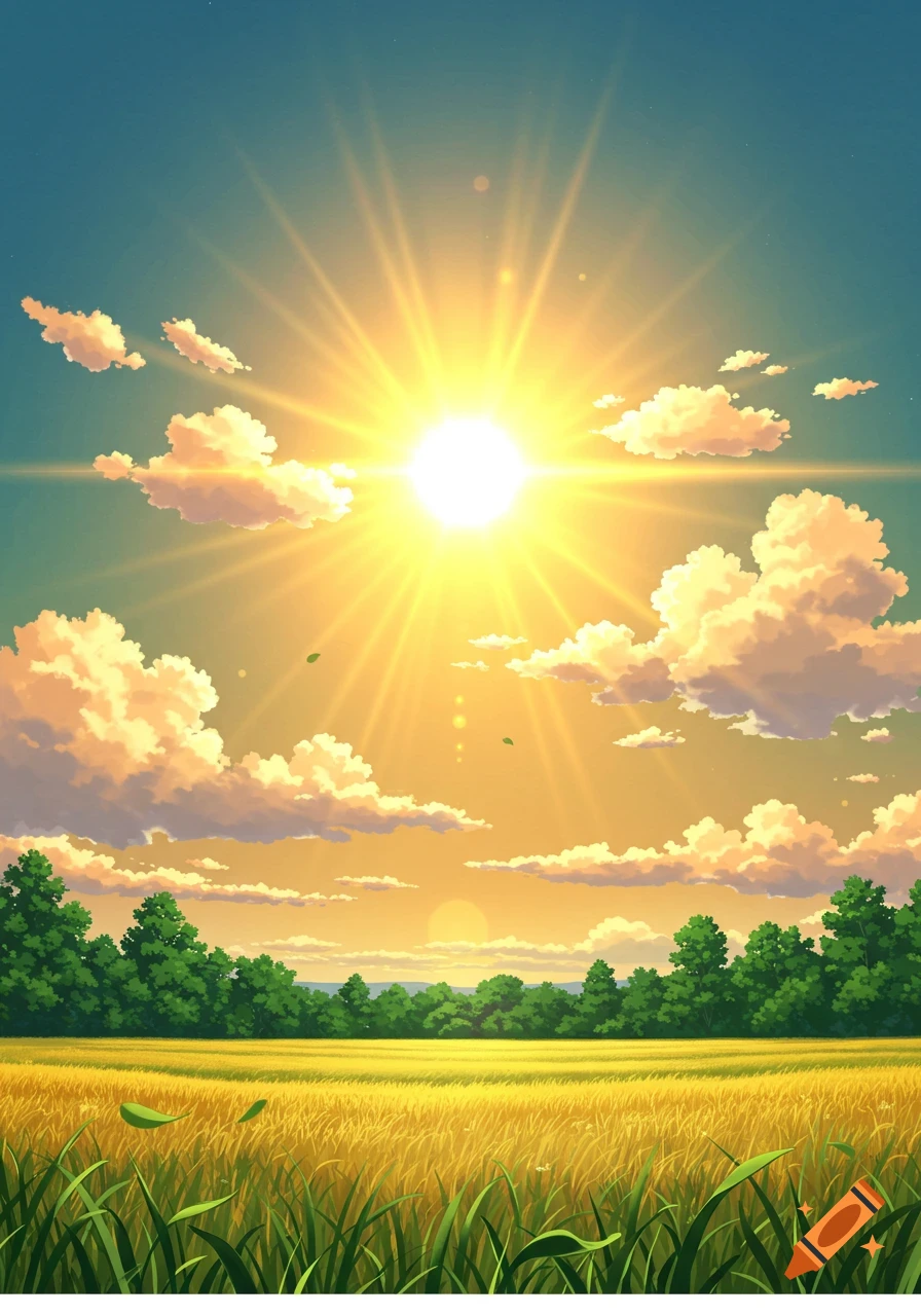 A vibrant anime-style landscape with a bright sun over a field of golden crops and green trees.