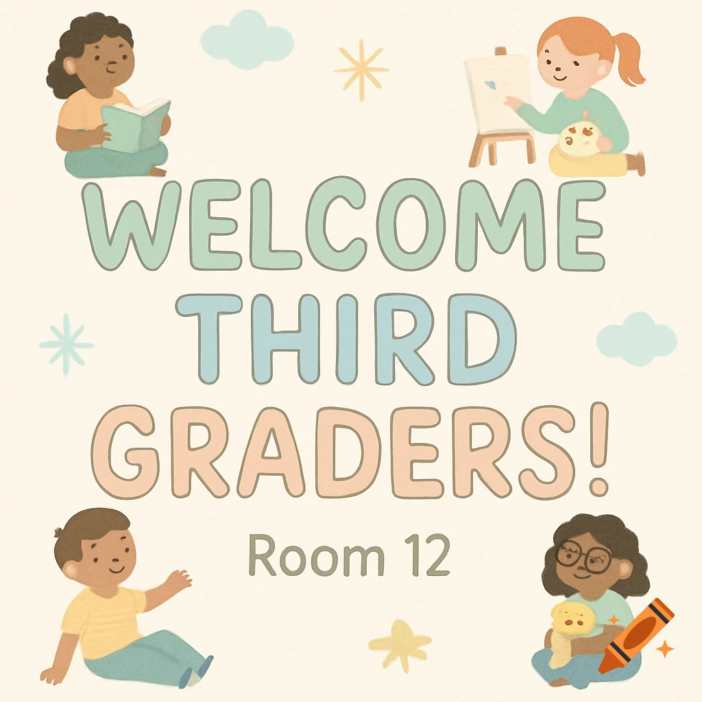 A pastel welcome sign for a classroom with diverse children, reading 'WELCOME THIRD GRADERS! Room 12'.