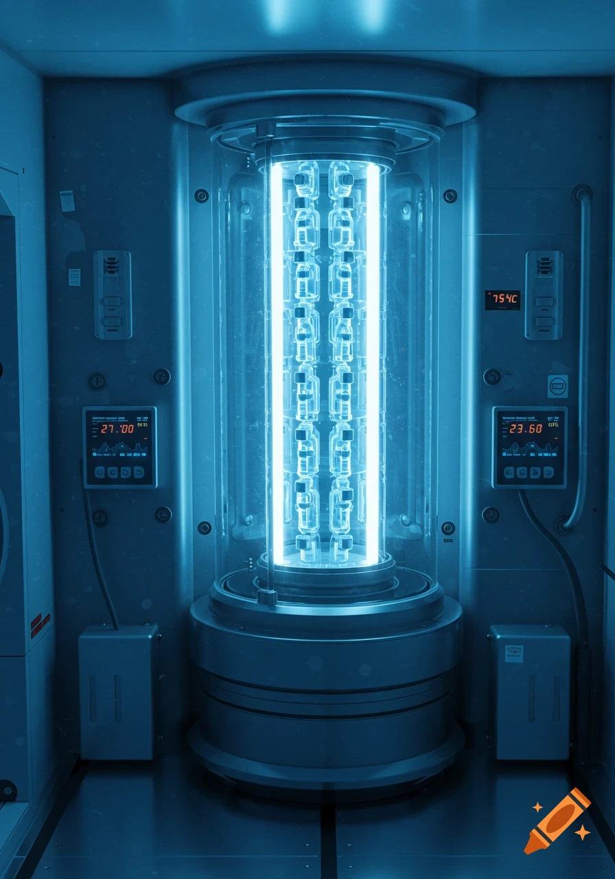 A tall, glowing blue cylindrical scientific apparatus filled with vials in a futuristic laboratory, with digital displays.