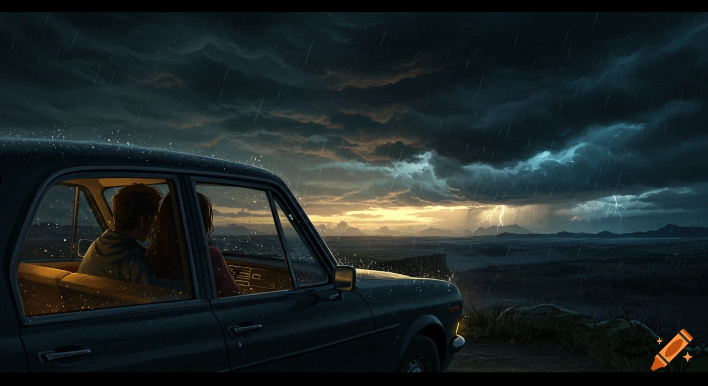 A couple in a car watching a stormy landscape with lightning at sunset, digital illustration.