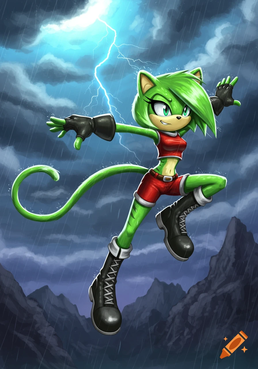 A green anthropomorphic cat character in a red top and shorts poses under a stormy sky with lightning and rain.