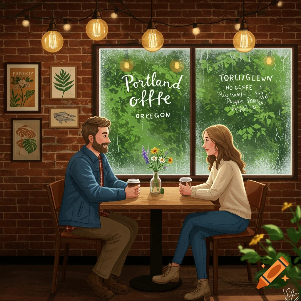 An illustrated couple sits at a table in a cozy cafe with brick walls and large windows looking out onto greenery, under string lights.