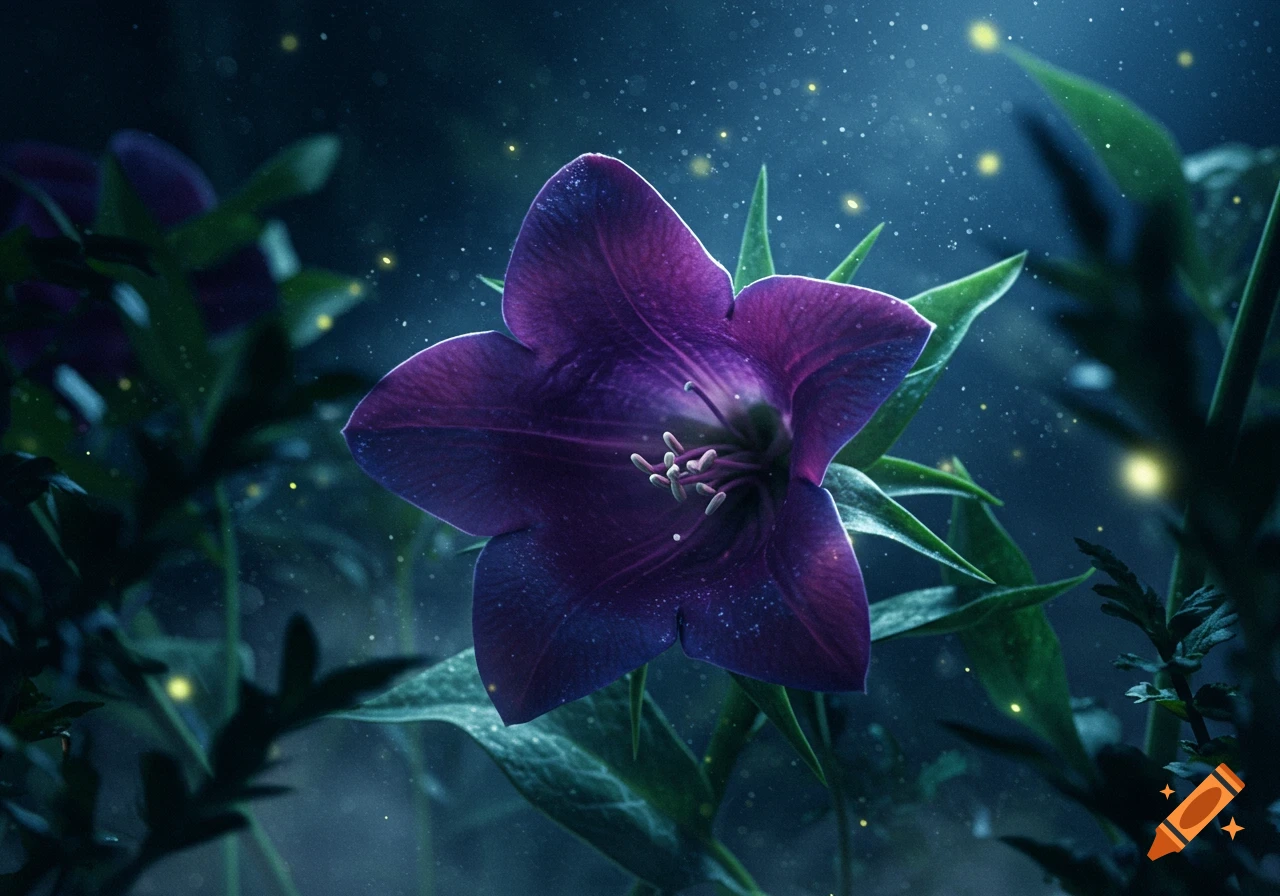 A striking purple bell-shaped flower blooms at night, surrounded by dark foliage and shimmering yellow light particles.