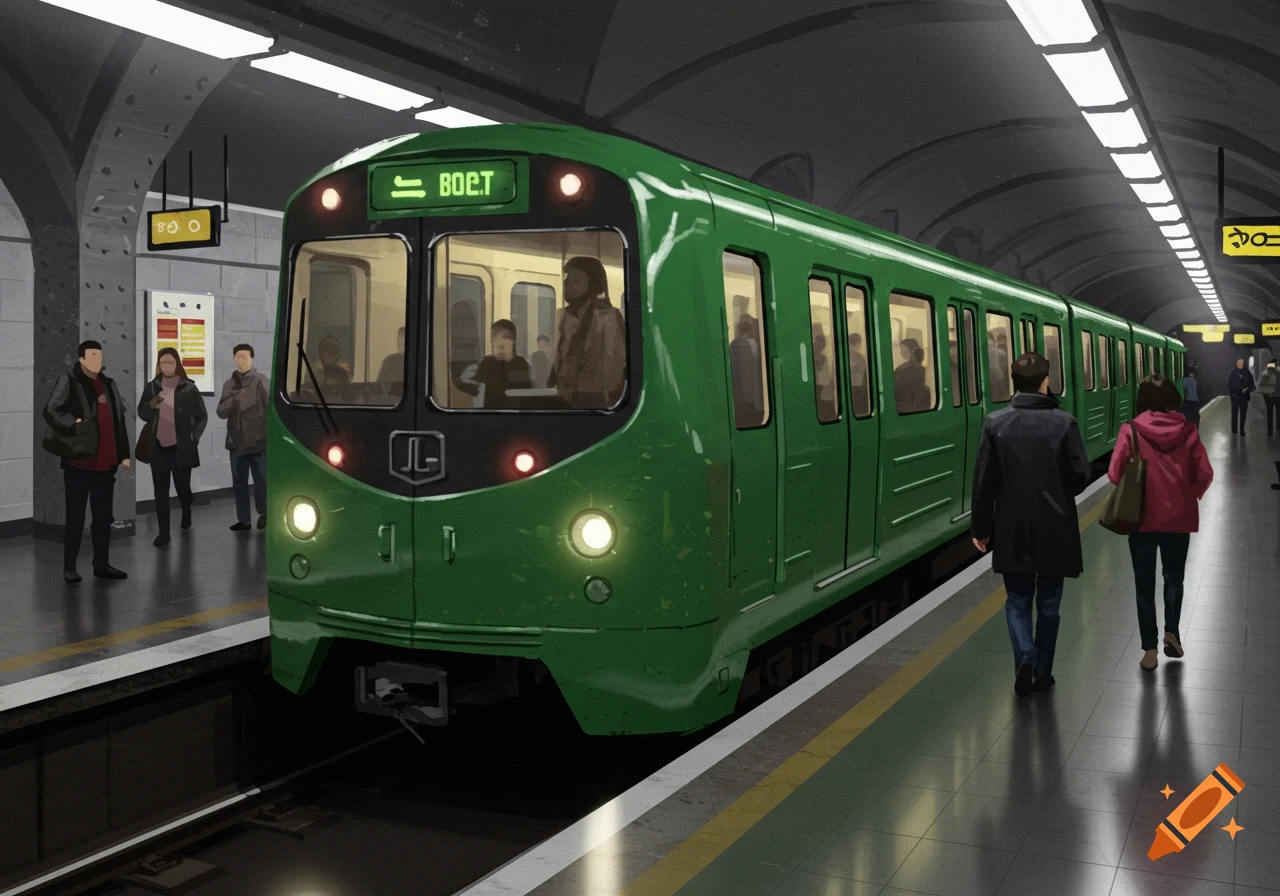 A green subway train with a rounded front stopped at a station platform with people standing and walking.