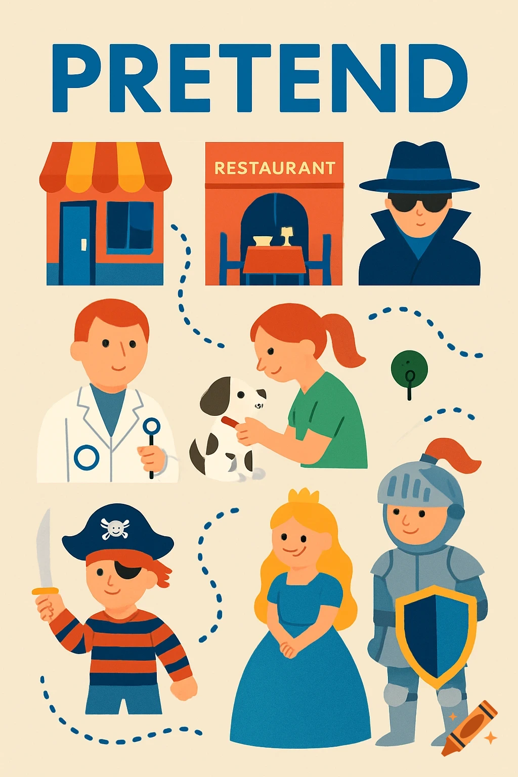Flat illustration poster titled 'PRETEND' with various characters and settings for role-playing, including a doctor, vet, pirate, princess, knight, spy, store, and restaurant.