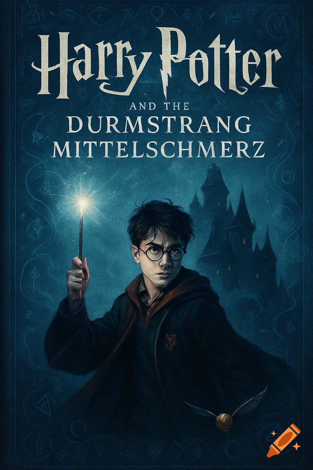 A boy resembling Harry Potter on a book cover titled 'Harry Potter and the Durmstrang Mittelschmerz', holding a glowing wand with a castle in the background.