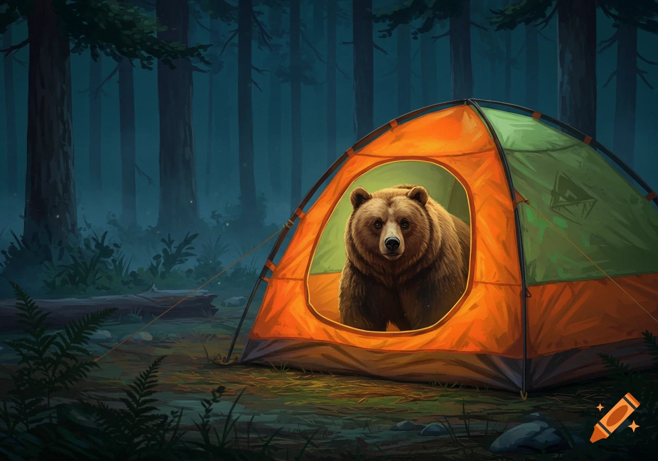 A brown bear looks out from the opening of an orange and green tent in a dark, misty forest.